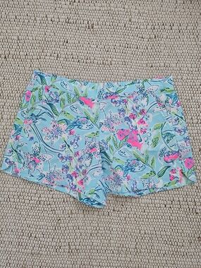 Lilly Pulitzer Aqua Floral Athletic Shorts with Pink & Green Accents